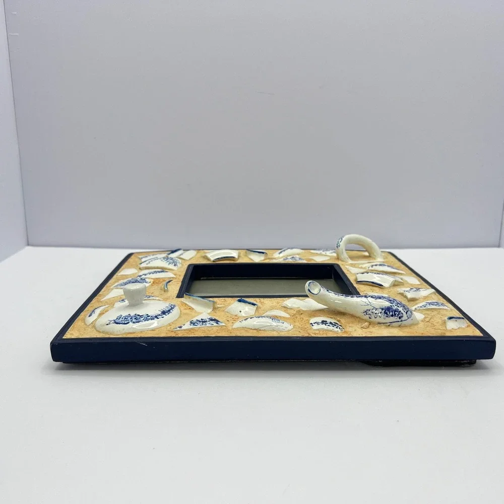 Blue & White Mosaic Broken‎ Teapot Picture Frame 3x5 Shabby Chic Cottage Artisan